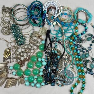 Craft Jewelry Lot - 1.5 lbs Blue Green Gold Tone - Bead Bangle Stone Statement